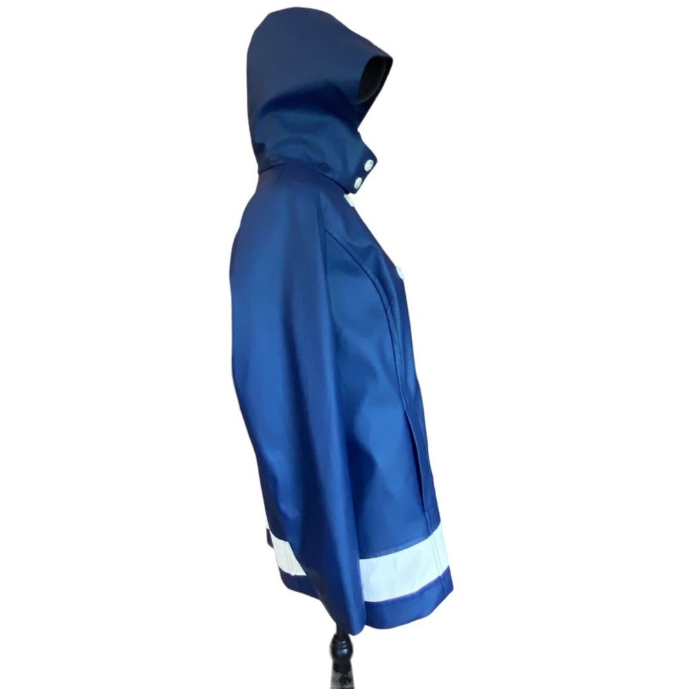 Talbots Womens Size M Rain Jacket Detachable Hood  Navy Lined White Stripe - Picture 5 of 12